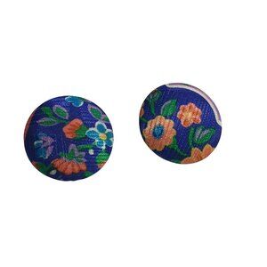 Fabric Button Clip On Earrings Colorful Floral Metal Backing Gift Grandma Core